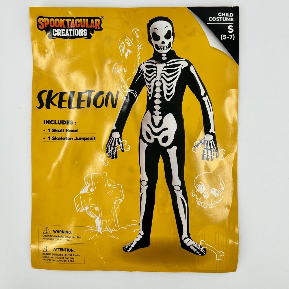 Spooktacular Creations Skeleton Child Costume Jumpsuit Skull Hood Small 5-7